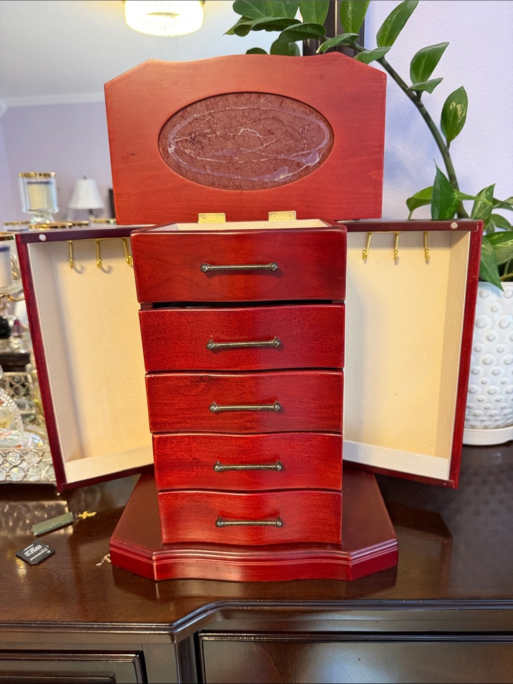 Red Wooden Jewelry Organizer Chest with Side Doors